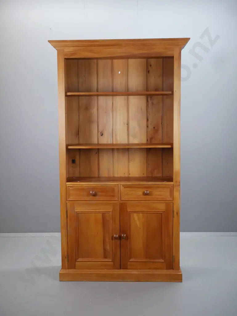 tall New Zealand recycled rimu open-shelf cupboard with 2 adjustable shelves, 2 drawers and 2 panelled doors with turned Image 1++