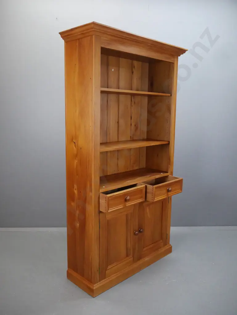 tall New Zealand recycled rimu open-shelf cupboard with 2 adjustable shelves, 2 drawers and 2 panelled doors with turned Image 1++