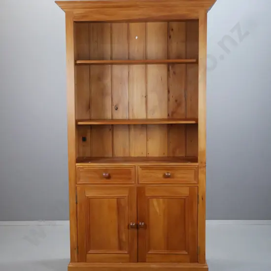 tall New Zealand recycled rimu open-shelf cupboard with 2 adjustable shelves, 2 drawers and 2 panelled doors with turned