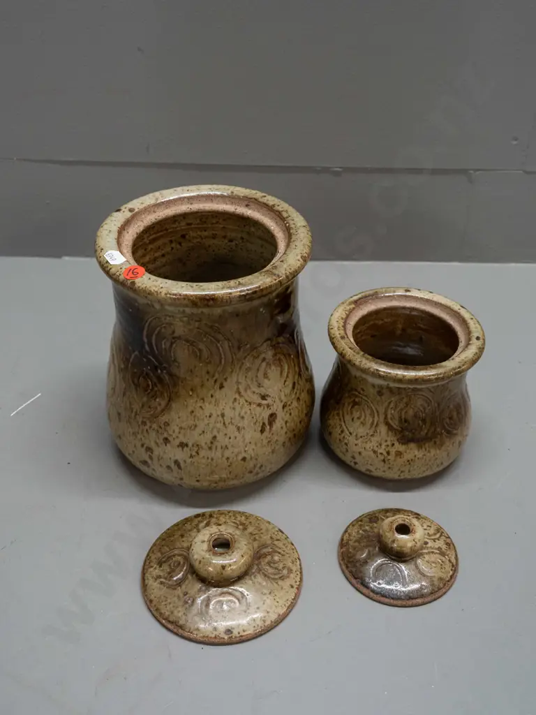 2 Lawrence Ewing New Zealand studio pottery lidded containers with incised scrolling decoration - larger is H-210 D-150 Image 1++