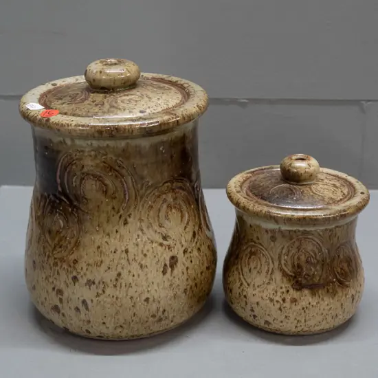 2 Lawrence Ewing New Zealand studio pottery lidded containers with incised scrolling decoration - larger is H-210 D-150