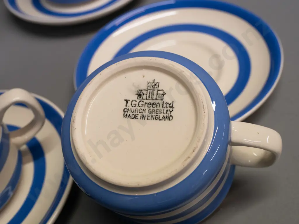 T&G Greene blue and white Cornish tea/coffee ware - 6 cups & 6 saucers, house logo Image 1++