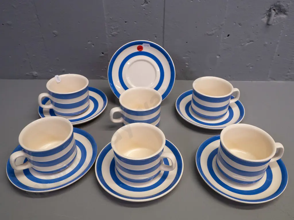 T&G Greene blue and white Cornish tea/coffee ware - 6 cups & 6 saucers, house logo Image 1++