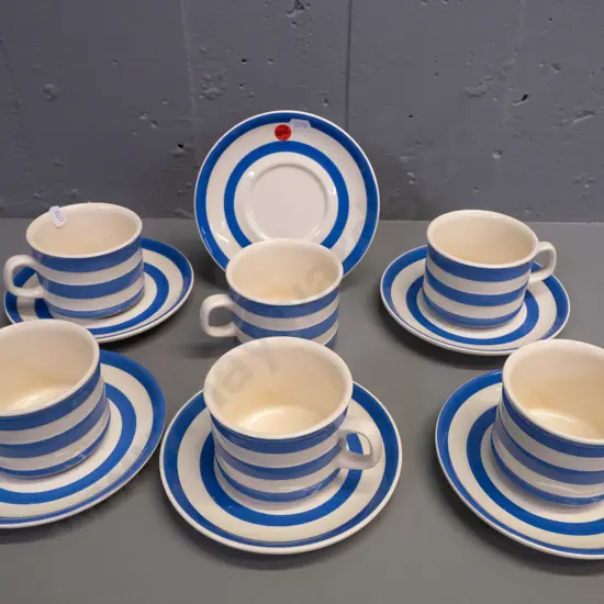 T&G Greene blue and white Cornish tea/coffee ware - 6 cups & 6 saucers, house logo