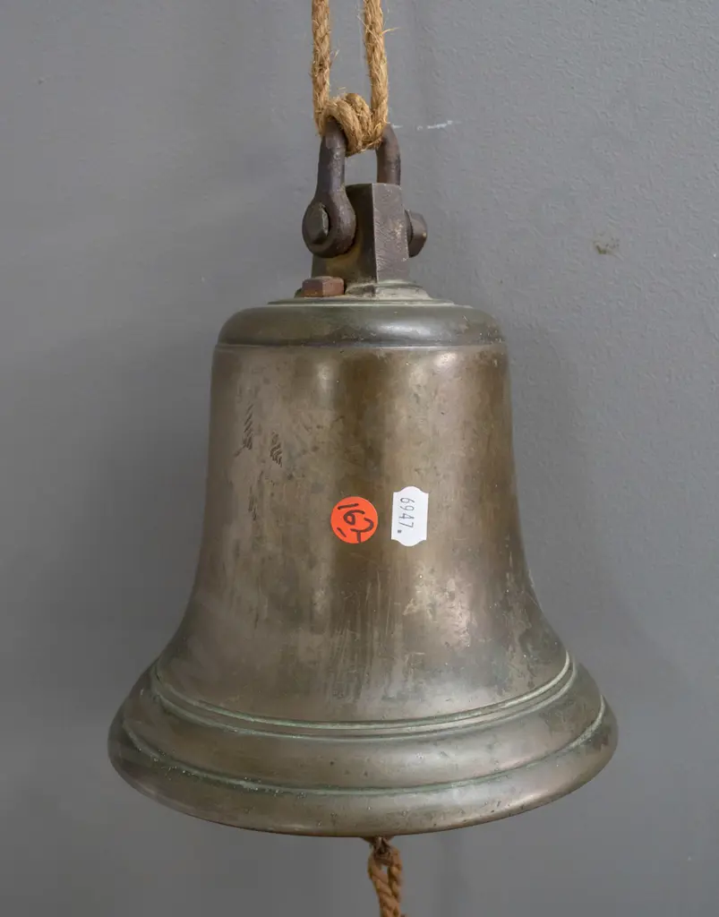 heavy bronze bell with suspension shackle on top, ringer with plaited rope end H-200 D-180 Image 1++