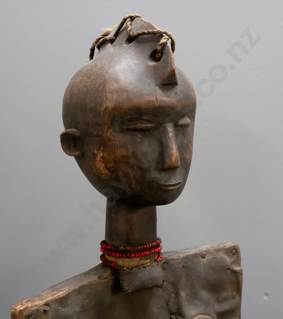African carved wooden ceremonial child's chair with applied hide and inlay metal studs, bead necklace etc - Kaguru tribe Image 1++