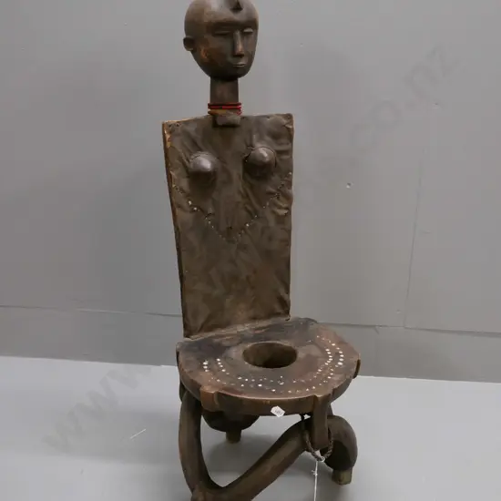 African carved wooden ceremonial child's chair with applied hide and inlay metal studs, bead necklace etc - Kaguru tribe