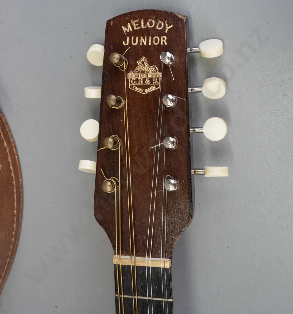 vintage cased G.H.& S. Melody Junior 8-string banjo-mandolin - some age wear, one row of replaced tuners, needs new Image 1++