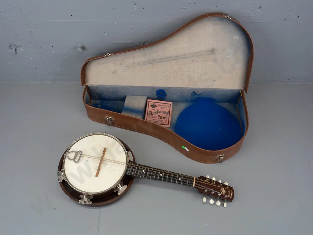 vintage cased G.H.& S. Melody Junior 8-string banjo-mandolin - some age wear, one row of replaced tuners, needs new Image 1++