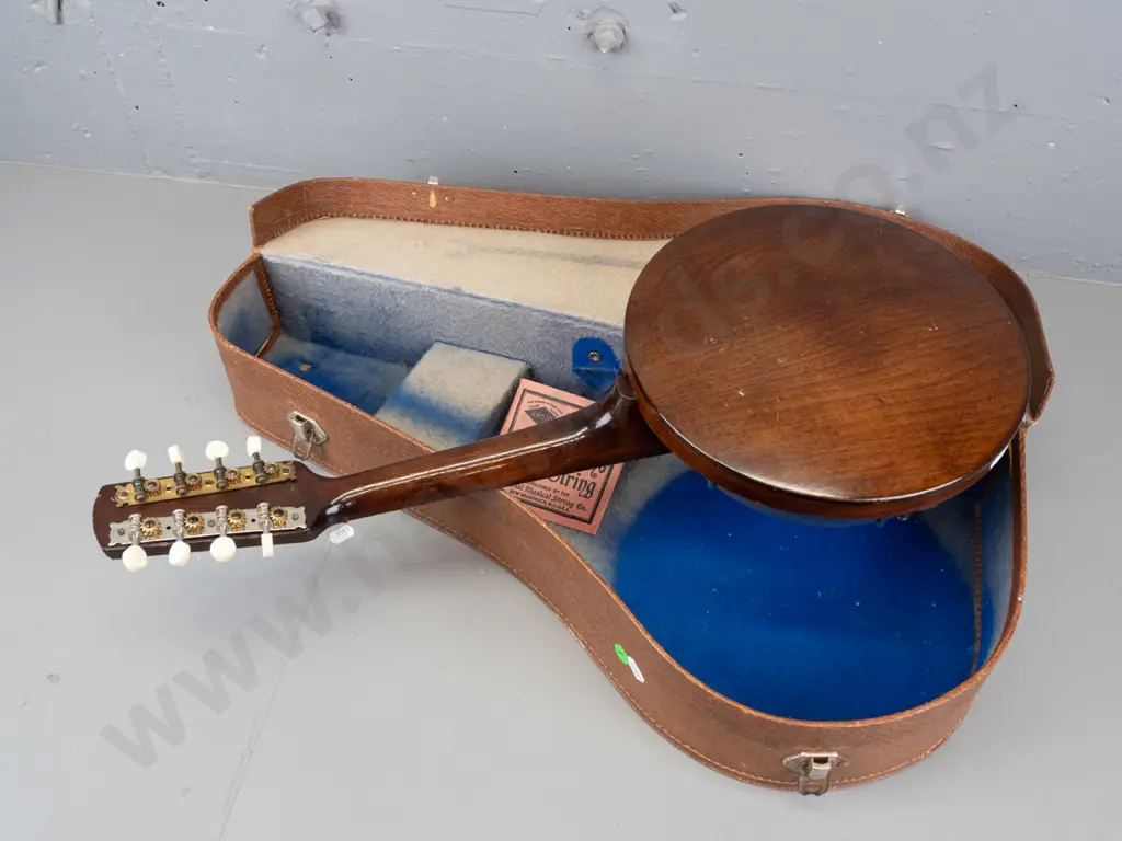 vintage cased G.H.& S. Melody Junior 8-string banjo-mandolin - some age wear, one row of replaced tuners, needs new Image 1++
