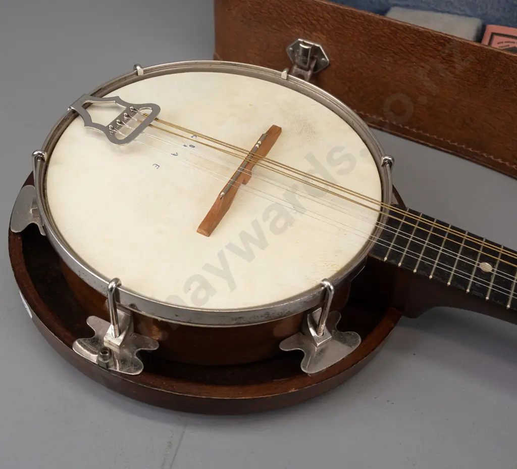 vintage cased G.H.& S. Melody Junior 8-string banjo-mandolin - some age wear, one row of replaced tuners, needs new Image 1++