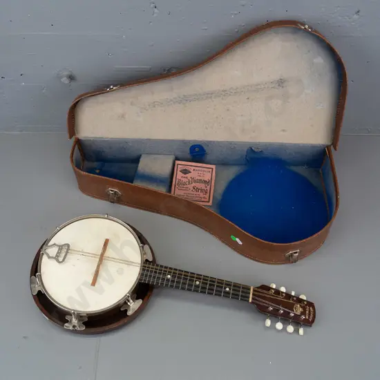 vintage cased G.H.& S. Melody Junior 8-string banjo-mandolin - some age wear, one row of replaced tuners, needs new