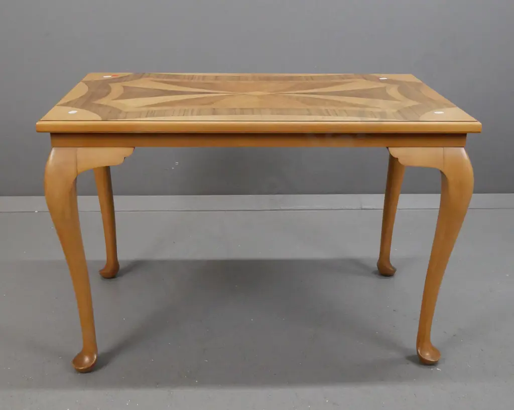 kauri cab-leg occasional table with inlaid walnut, rewa-rewa and other mixed timbers top. Small veneer repair in top Image 1++