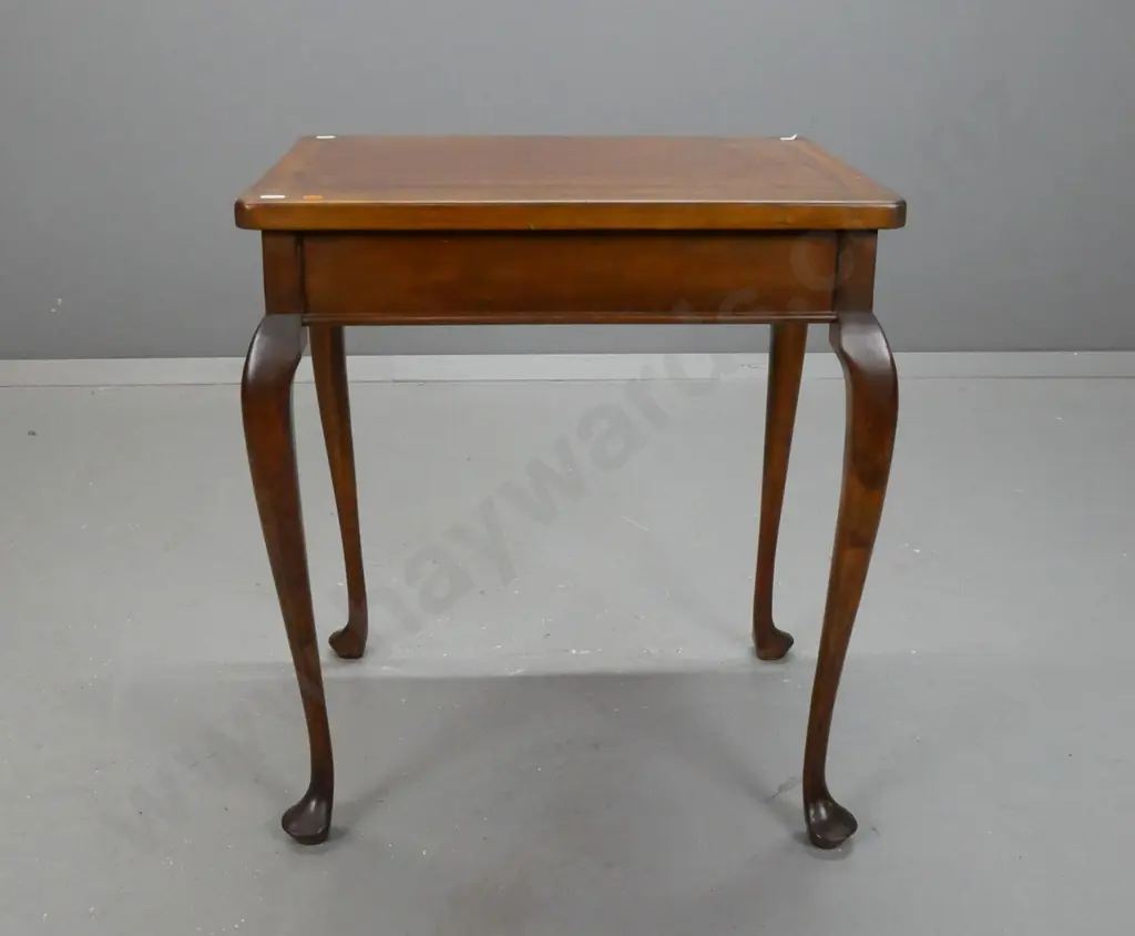 small mahogany and beech side table on cabriole legs. Scratching to top, impact damage to one corner. Image 1++
