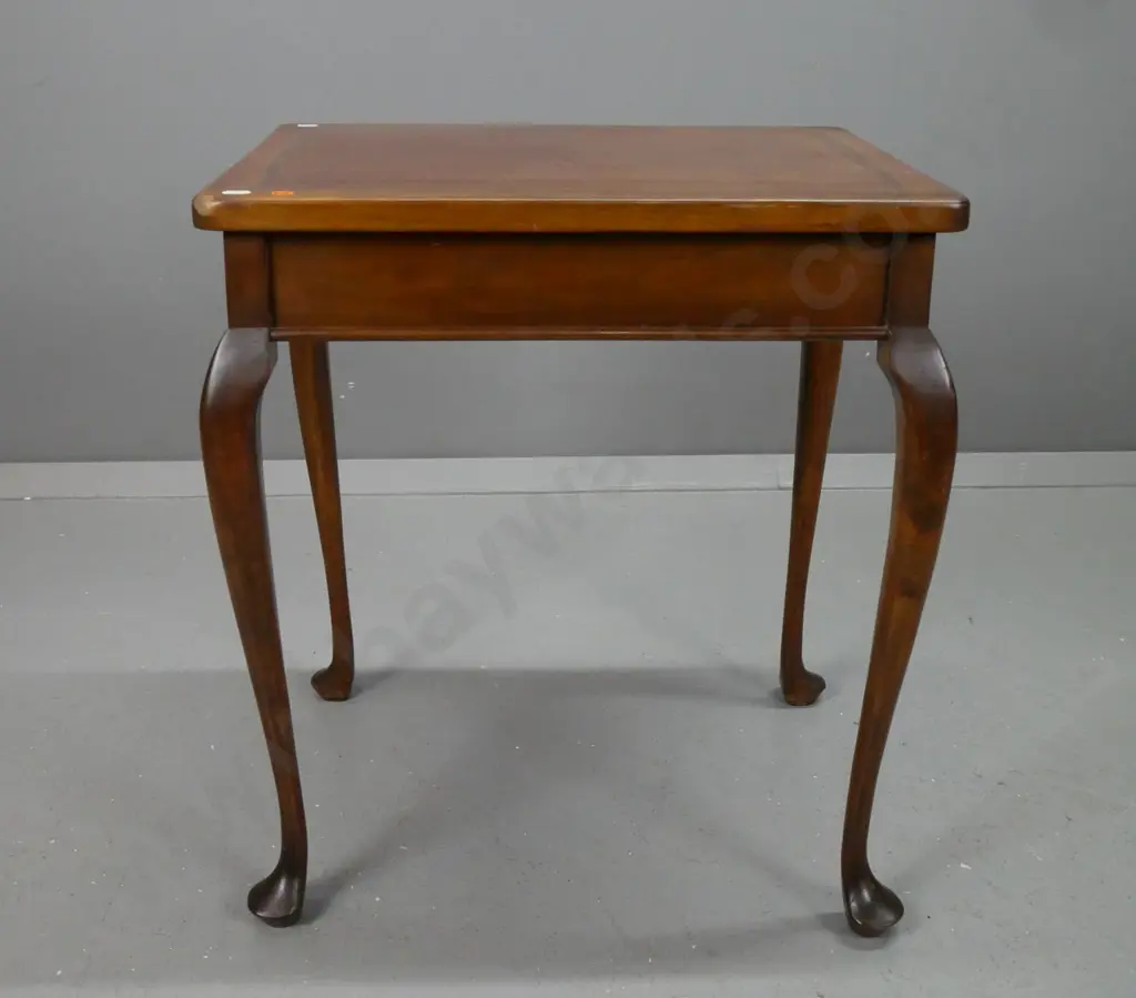 small mahogany and beech side table on cabriole legs. Scratching to top, impact damage to one corner. Image 1++