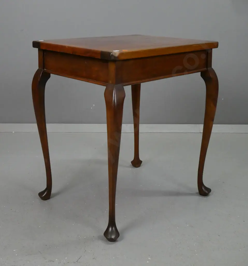 small mahogany and beech side table on cabriole legs. Scratching to top, impact damage to one corner. Image 1++