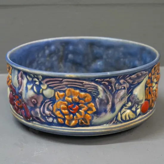 Royal Staffordshire cylindrical bowl w/ relief-moulded fruit & floral layout on cobalt blue ground H-70 D-170