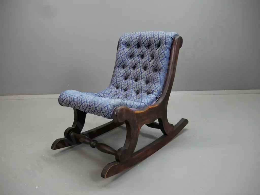 vintage dark stained rocking slipper chair with turned rails, deep-button diamond pattern fabric - some wear to surface Image 1++
