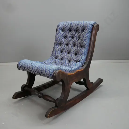 vintage dark stained rocking slipper chair with turned rails, deep-button diamond pattern fabric - some wear to surface
