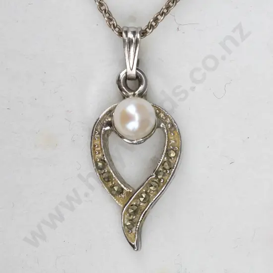 marcasite pearl necklace stamped sterling