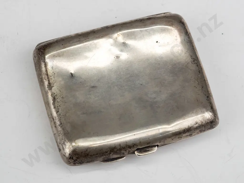 vintage sterling silver cigarette case (74gm)w/monogram - hallmarked w/date code 'u' for 1919 - some wear, dents L85 W75 Image 1++