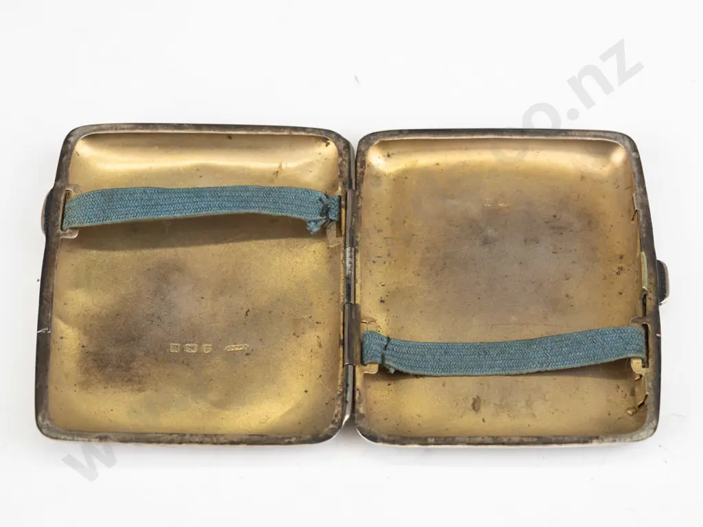 vintage sterling silver cigarette case (74gm)w/monogram - hallmarked w/date code 'u' for 1919 - some wear, dents L85 W75 Image 1++