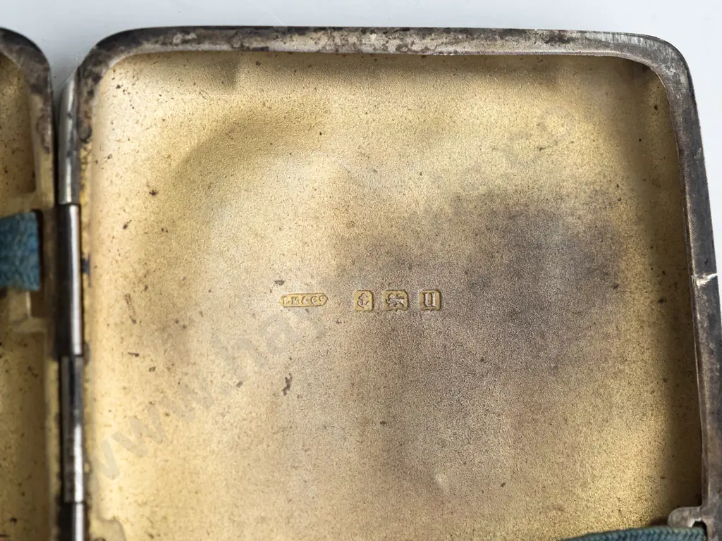 vintage sterling silver cigarette case (74gm)w/monogram - hallmarked w/date code 'u' for 1919 - some wear, dents L85 W75 Image 1++