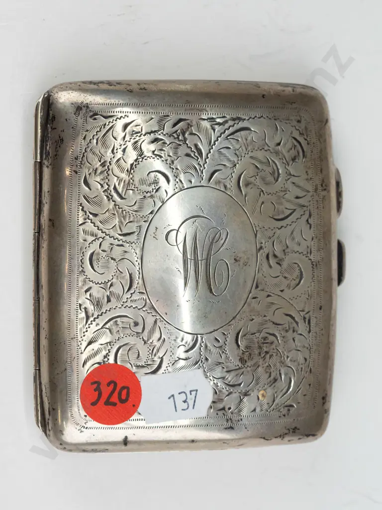vintage sterling silver cigarette case (74gm)w/monogram - hallmarked w/date code 'u' for 1919 - some wear, dents L85 W75 Image 1++