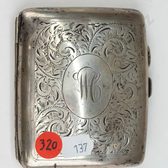vintage sterling silver cigarette case (74gm)w/monogram - hallmarked w/date code 'u' for 1919 - some wear, dents L85 W75