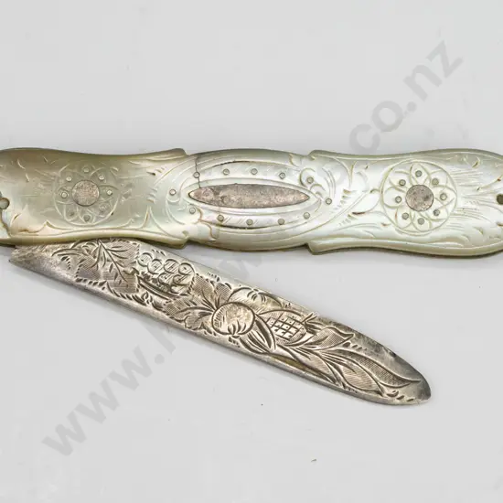 small pocket knife with hallmarked sterling silver engraved blade - crack to mother of pearl handle L-80 closed.