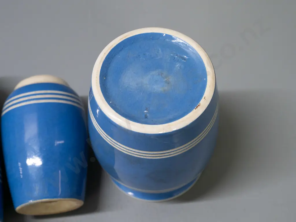 vintage Bretby blue and white condiments & casters - only one marked Bretby is missing top, largest one with handle Image 1++
