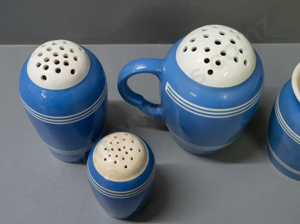 vintage Bretby blue and white condiments & casters - only one marked Bretby is missing top, largest one with handle Image 1++