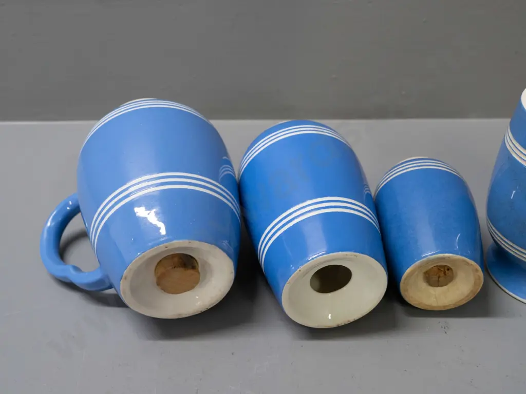 vintage Bretby blue and white condiments & casters - only one marked Bretby is missing top, largest one with handle Image 1++