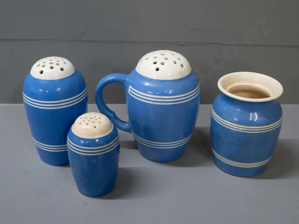 vintage Bretby blue and white condiments & casters - only one marked Bretby is missing top, largest one with handle Image 1++