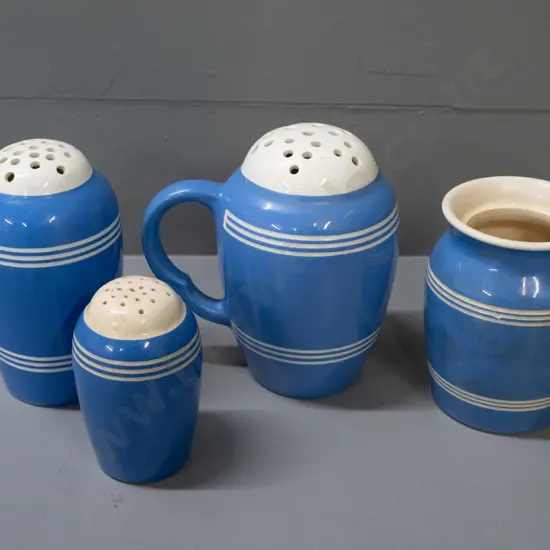 vintage Bretby blue and white condiments & casters - only one marked Bretby is missing top, largest one with handle