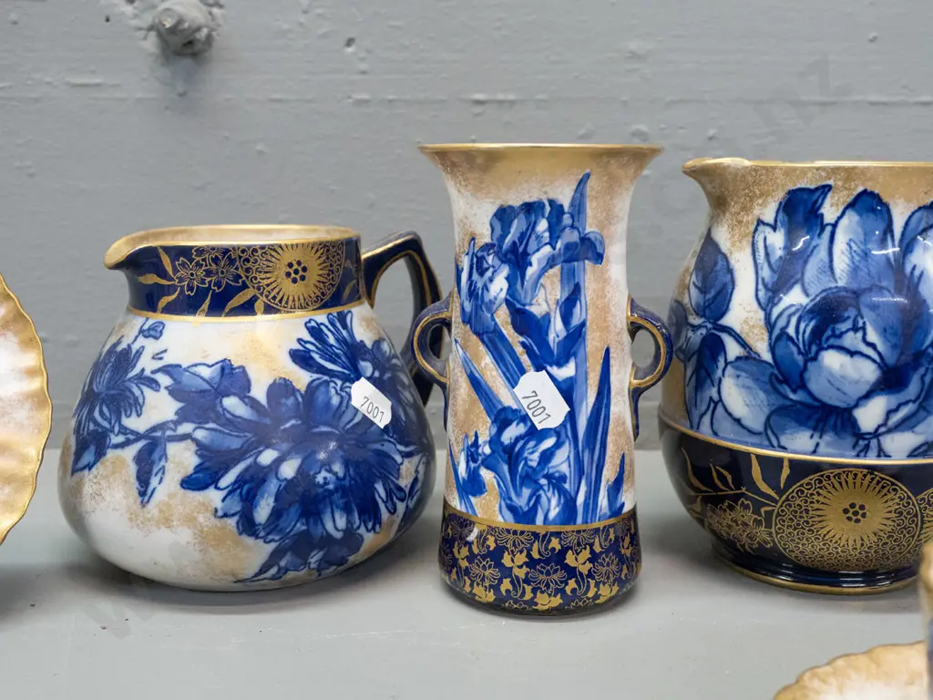 6 pieces Royal Doulton Burslem Blue Iris: 2 jugs, vase, duo, saucer - repairs to taller jug, H-140 Image 1++