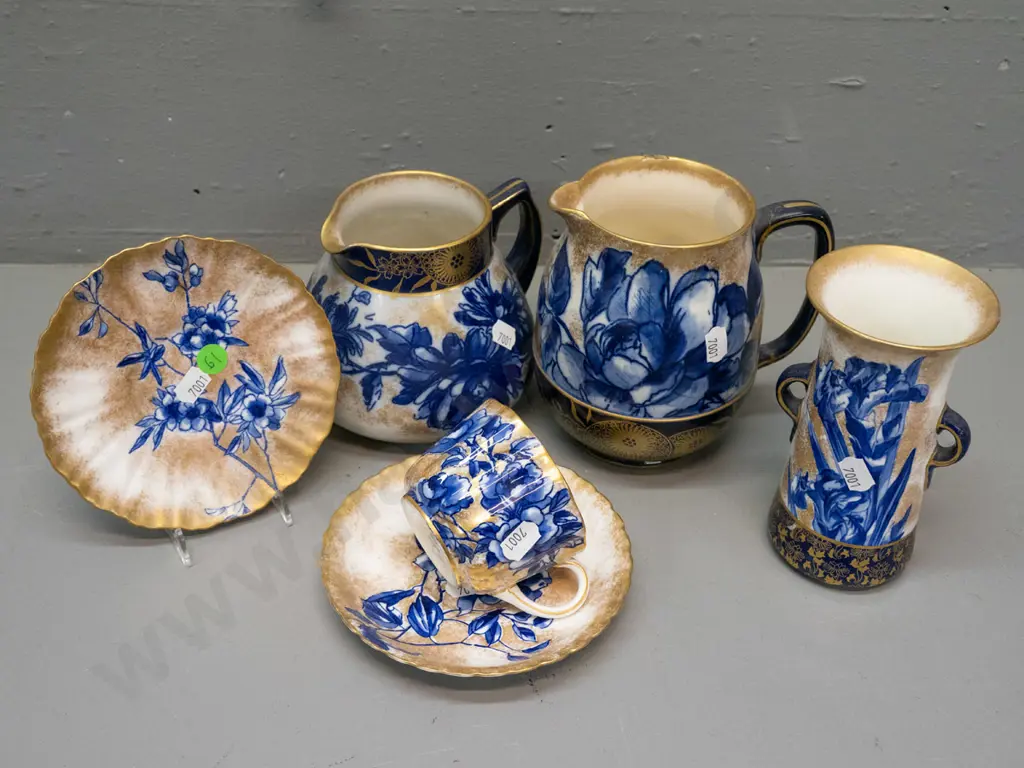 6 pieces Royal Doulton Burslem Blue Iris: 2 jugs, vase, duo, saucer - repairs to taller jug, H-140 Image 1++