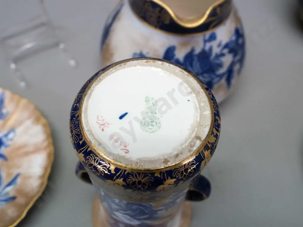 6 pieces Royal Doulton Burslem Blue Iris: 2 jugs, vase, duo, saucer - repairs to taller jug, H-140 Image 1++