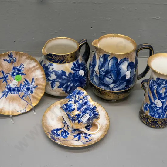 6 pieces Royal Doulton Burslem Blue Iris: 2 jugs, vase, duo, saucer - repairs to taller jug, H-140