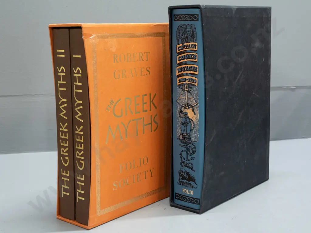 Folio Society books in slip-cases: Captain Cook's Voyages and 2-volume Robert Graves' The Greek Myths - some wear to Image 1++