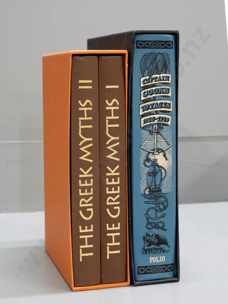 Folio Society books in slip-cases: Captain Cook's Voyages and 2-volume Robert Graves' The Greek Myths - some wear to Image 1++