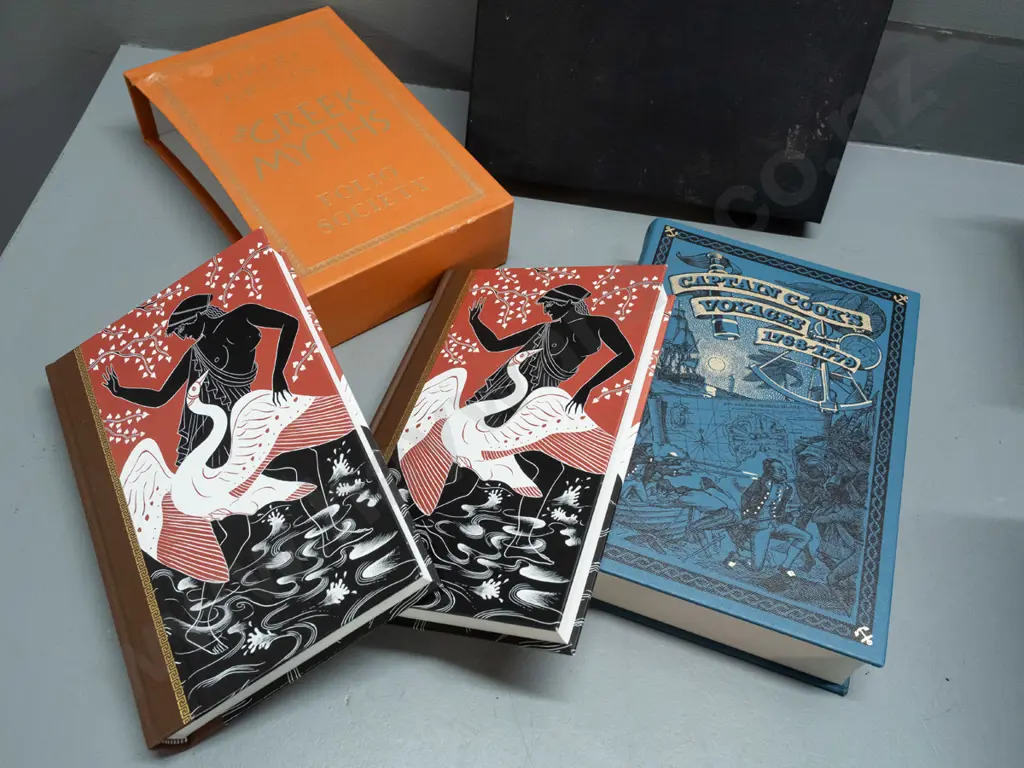 Folio Society books in slip-cases: Captain Cook's Voyages and 2-volume Robert Graves' The Greek Myths - some wear to Image 1++