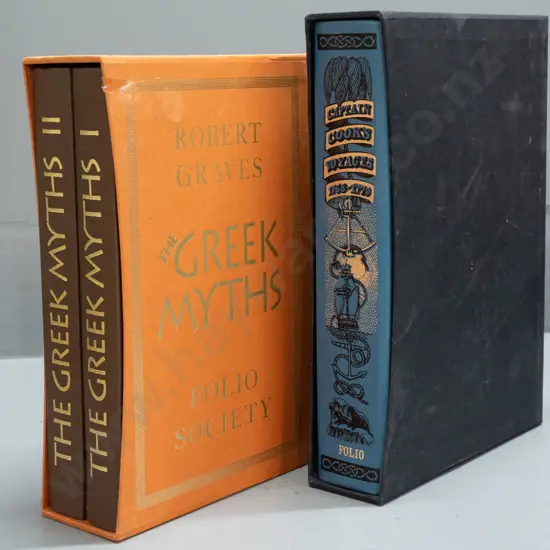 Folio Society books in slip-cases: Captain Cook's Voyages and 2-volume Robert Graves' The Greek Myths - some wear to