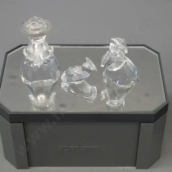 Swarovski crystal mini nativity group of 3 figures, with original box, on mirrored stand. Joseph is H-45