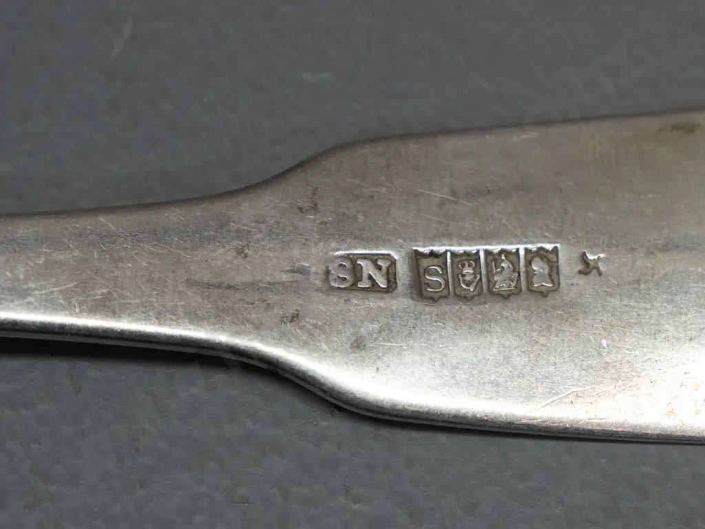 vintage hallmarked Irish silver large rat-tail spoon with engraved stag's head crest to handle - 73 grams - a few small. Image 1++