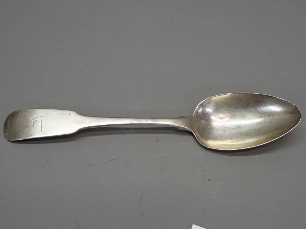 vintage hallmarked Irish silver large rat-tail spoon with engraved stag's head crest to handle - 73 grams - a few small. Image 1++