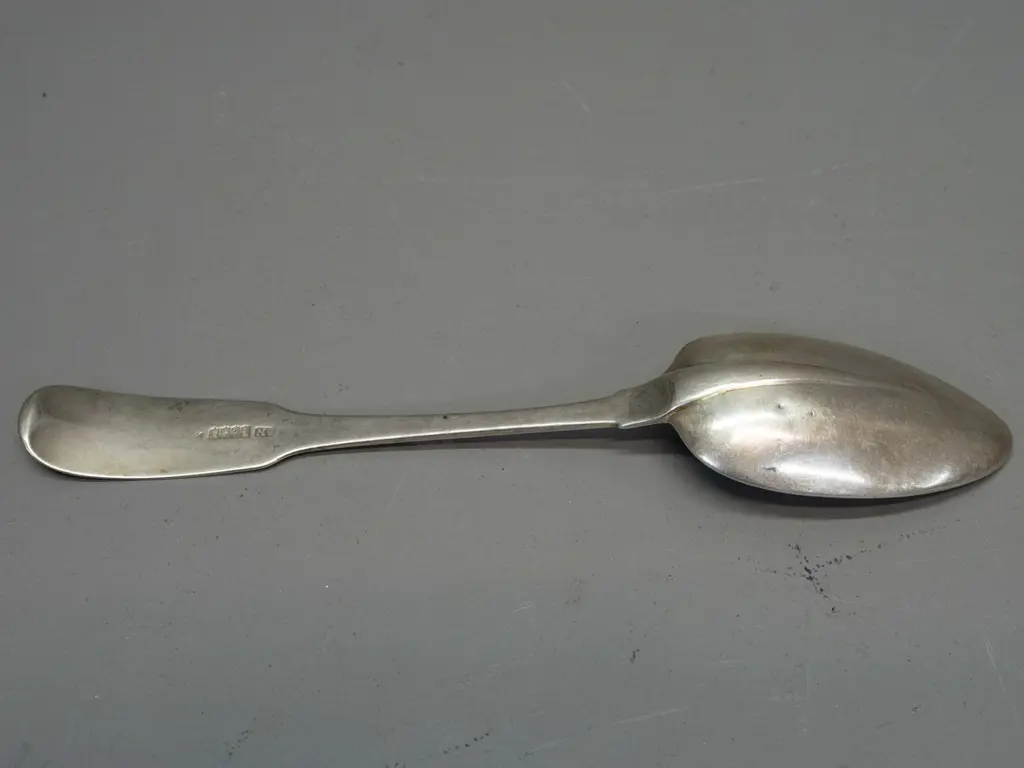 vintage hallmarked Irish silver large rat-tail spoon with engraved stag's head crest to handle - 73 grams - a few small. Image 1++