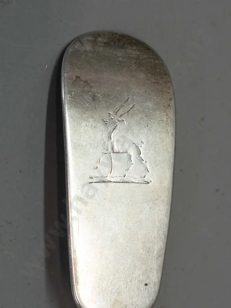 vintage hallmarked Irish silver large rat-tail spoon with engraved stag's head crest to handle - 73 grams - a few small. Image 1++