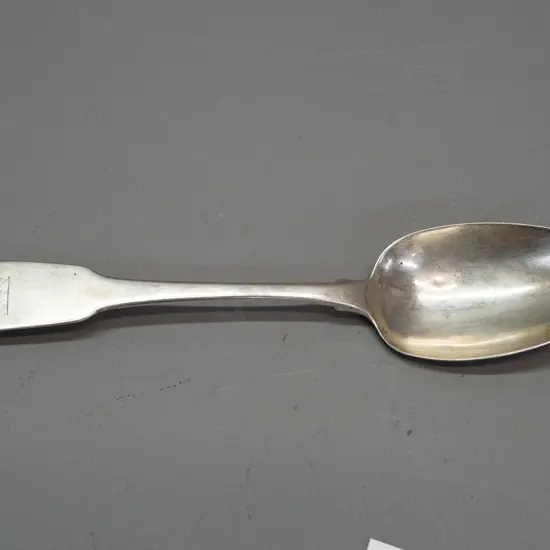 vintage hallmarked Irish silver large rat-tail spoon with engraved stag's head crest to handle - 73 grams - a few small.