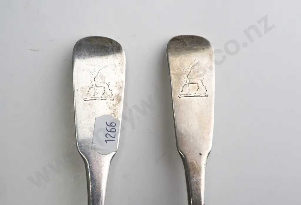 2 large sterling silver spoons - engraved stag head on handles, matching Irish hallmarks, small CFH monogram where Image 1++